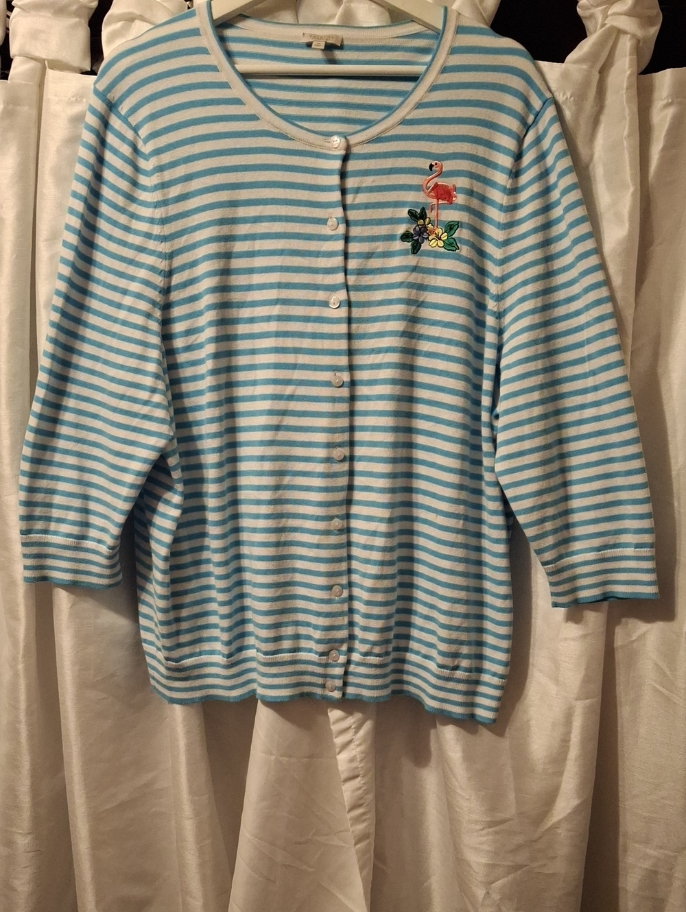 Striped Blue & White Women's Button-Front Sweater with Flamingo Embroidery